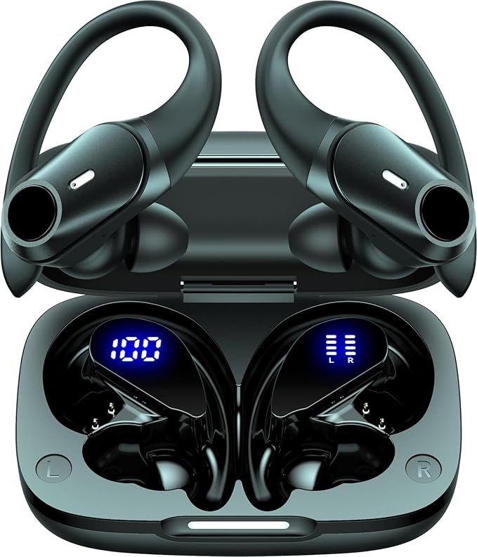 Active Noise Cancelling Earbuds Wireless Bluetooth Headphones 80H Playtime LED Power Display Charging Case Over Ear Hooks Ear Buds with Hi-Res Sound &amp Clear Calls for Sports Running Gym Workout Bl