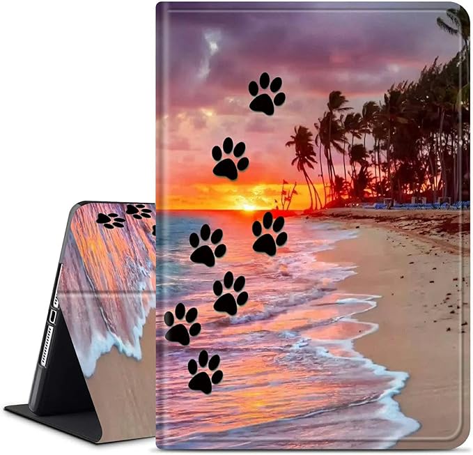 Case for iPad 9th/8th/7th Generation Tablet iPad 10.2 Case 2021/2020/2019 for Women Men Multi-Angle Viewing Shockproof Smart Protective Tablet Case for iPad 10.2 Inch Dog Paw Print Beach