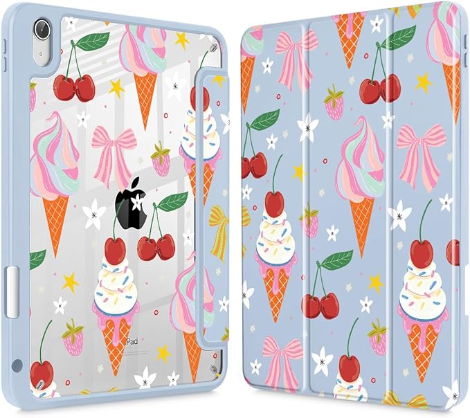 Case for iPad 11 inch A16 2025 Generation 11th / iPad 10.9 inch 2022 10th Gen Buit in Pencil Holder with Shockproof Cover Clear Transparent Back Shell Auto Wake/Sleep Ice Cream-Bows-Blue