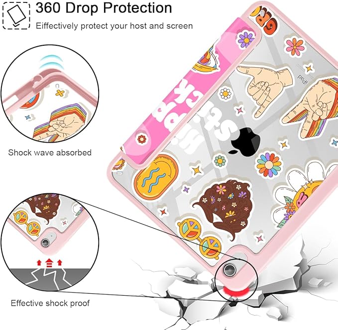 Case for iPad (A16) 11th Generation 11 Inch (2025) iPad 10th Generation 10.9 Inch (2022) Shockproof Cover with Clear Transparent Back Shell &amp Pencil Holder Groovy Hippie Stickers