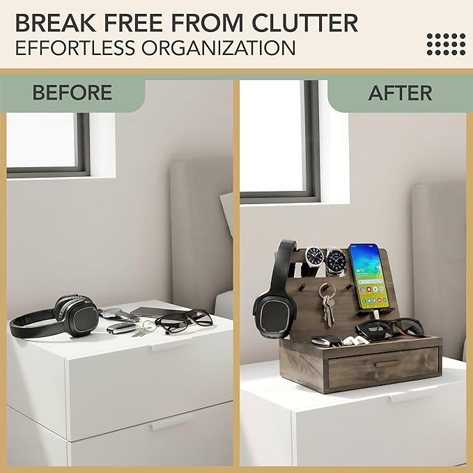 Nightstand Organizer for Men- Phone Docking Station with Drawer for Cellphone Watches Sunglasses &amp Accessories- Makes an Ideal Gift for Dad or Son (Rustic)