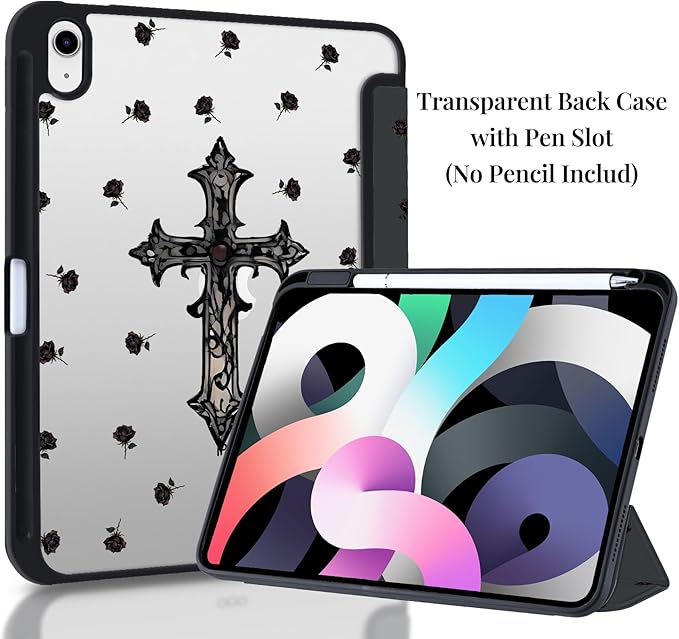 Y2k Printed Case for iPad Pro 11(M5) 2025 6th Gen/(M4) 2024 5th Gen Gothic Dark Rose Cross Clear Hard Back Hybrid Casewith Pencil Holder Trifold Stand Slim Tablet Cover for Women