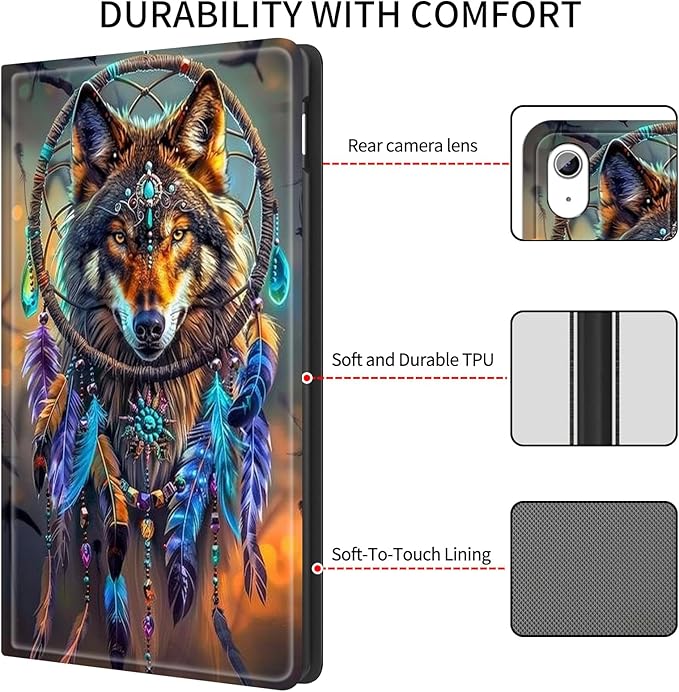 Case for iPad (A16) 11th Generation 11 Inch (2025)/ iPad 10th Generation 10.9 inch 2022Slim PU Leather Smart Cases Covers with Auto Wake/Sleep-Dream Catcher Wolf