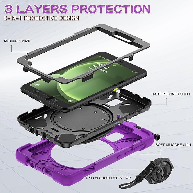 Rugged Case for Samsung Galaxy Tab Active5 5G (SM-X306B/X300) w/ 360° Rotating Hanging Ring Handle Grip Kickstand Heavy Duty Shock-Proof Armor Cover w/Shoulder Strap Stylus Holder (Purple)