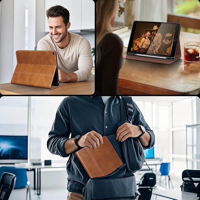 Gexmil Leather Case for iPad 10.2 Inch 9th/8th/7th Gen 2021/2020/2019Premium Cowhide Folio Cover with Pencil Holder Auto Wake/SleepAdjustable Stand Anti FingerprintVegetable Tanned Brown