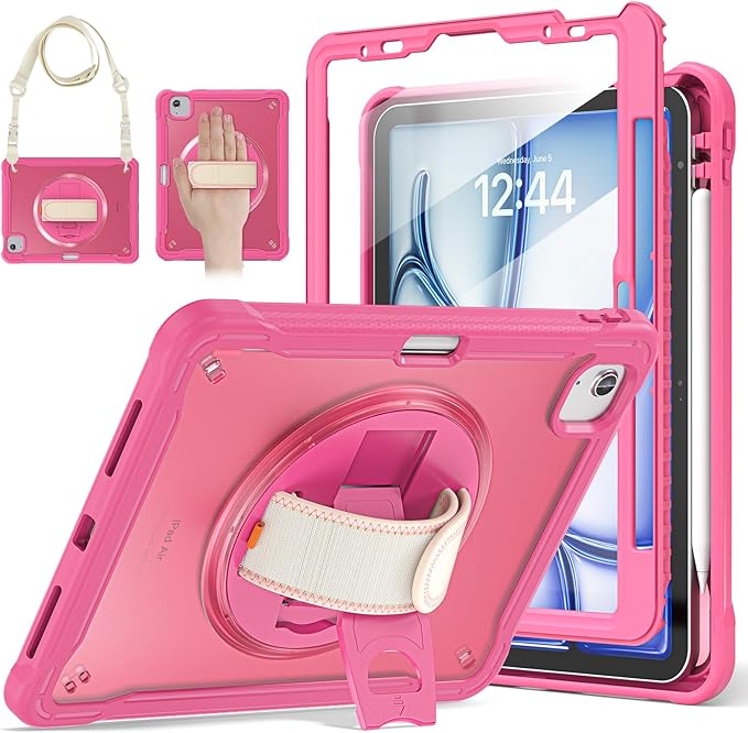 BRAECNstock Case for iPad Air 11-inch M4 2026/ M3 2025/ M2 2024 and Air 5th/4th Gen 10.9‘’ &amp Pro 11-inch 1st-4th 2018-2022 Kids Cover with Pencil HolderScreen ProtectorHandle Stand-Rose Red