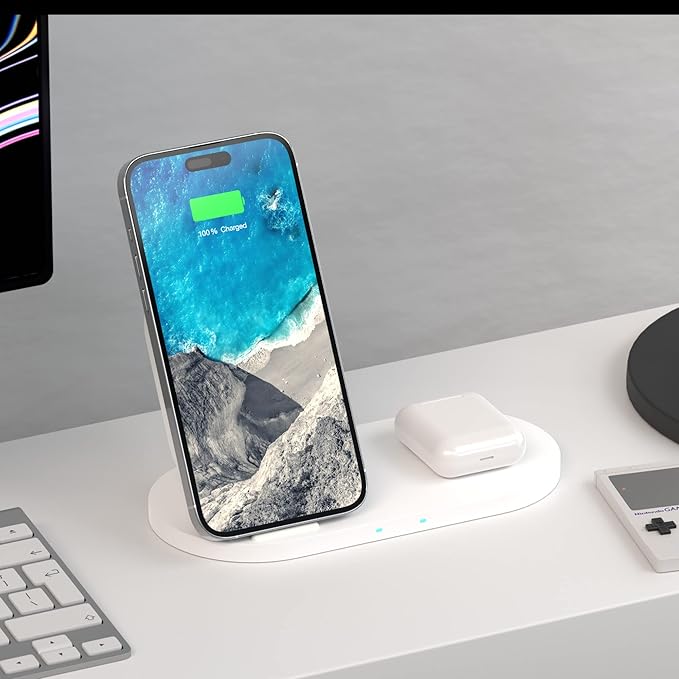 PhoneSuit Novo Dual Wireless Charger Station &amp Dock | Soft Linen Style Fabric | 15 Watt Fast Charge | for iPhone 16/15/14/13/12/X for Samsung S23/S22/S21 &amp More