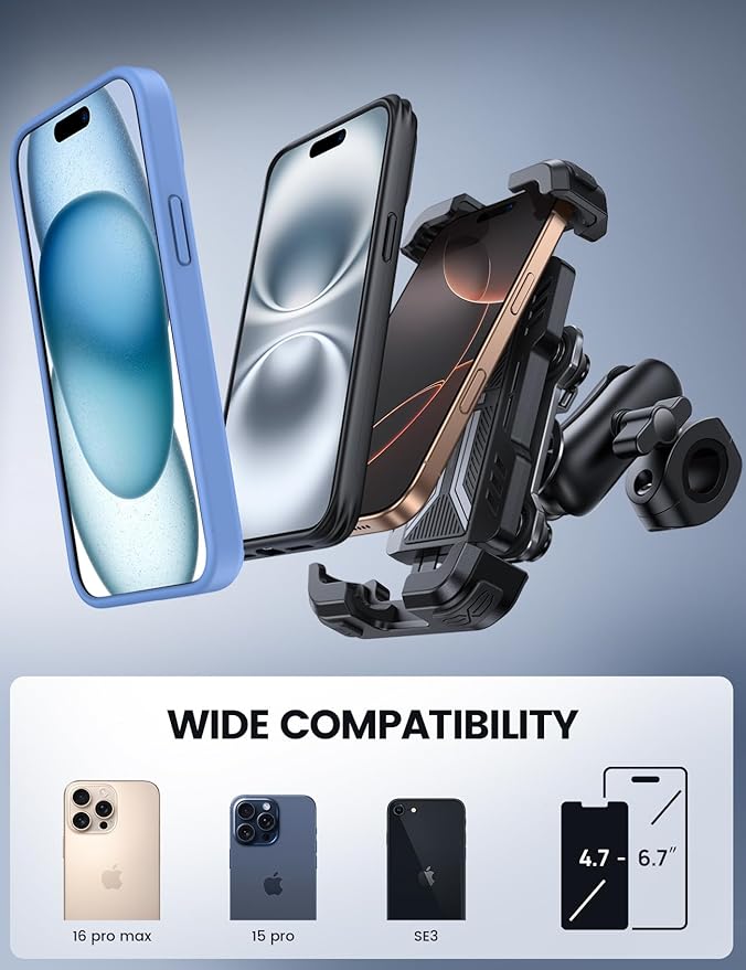 Lamicall Motorcycle Phone Mount Holder - [Dual Vibration Dampener] [Metal Adjustment Arm] Motorcycle Cell Phone Holder Bike Handlebar Phone Mount Gifts for iPhone 16 15 14 Pro Max 4.7-6.7 Phones