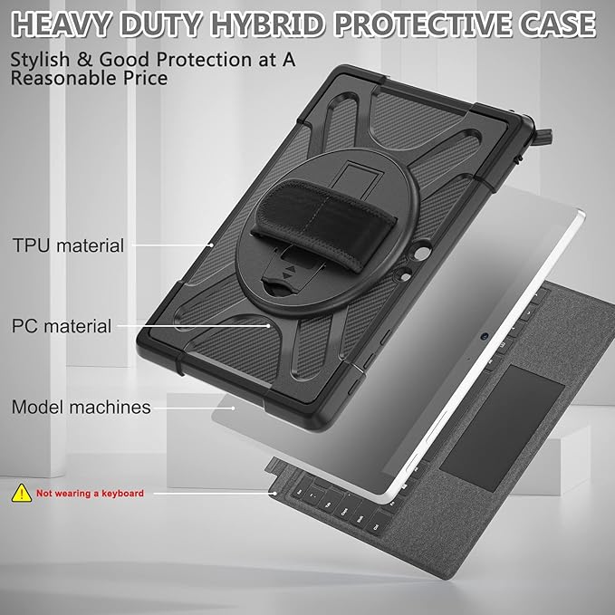 Junfire Shockproof Case for Microsoft Surface Go4/ Surface Go3/ Surface Go2 Protective 10.5 Inch Case with Hand Strap/360°Rotating Kickstand/Stylus Holder Compatible with Type Cover Keyboard-Black