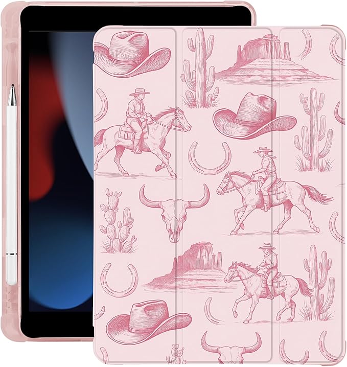 Western Cowboy for iPad mini 7 A17 Pro 2024/iPad Mini 6 Case with Pencil Holder Auto Sleep/Wake Pink Leather Soft TPU Back Cover