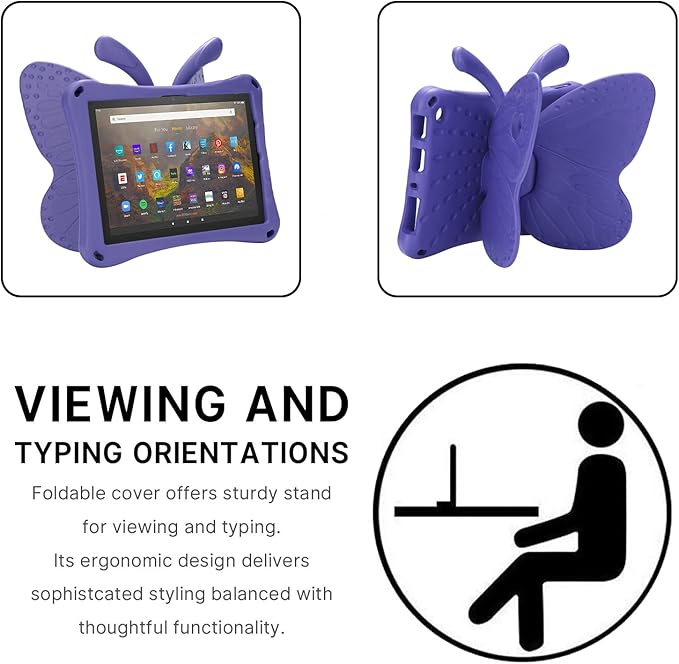 Fire 7 Kids Tablet 2022 Case - Butterfly Design EVA Full Cover Sturdy &amp Shockproof Kickstand &amp Handle Purple