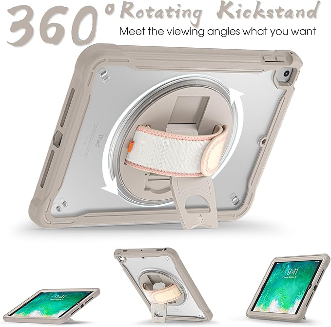 BRAECNstock Case for iPad 6th/5th Generation 9.7 inch 2018/2017ipad Air 2nd Generation &amp Pro 9.7 inch Cover for Kids with Pencil HolderScreen Protector360°Rotating Hand Strap&ampKickstand-Khak