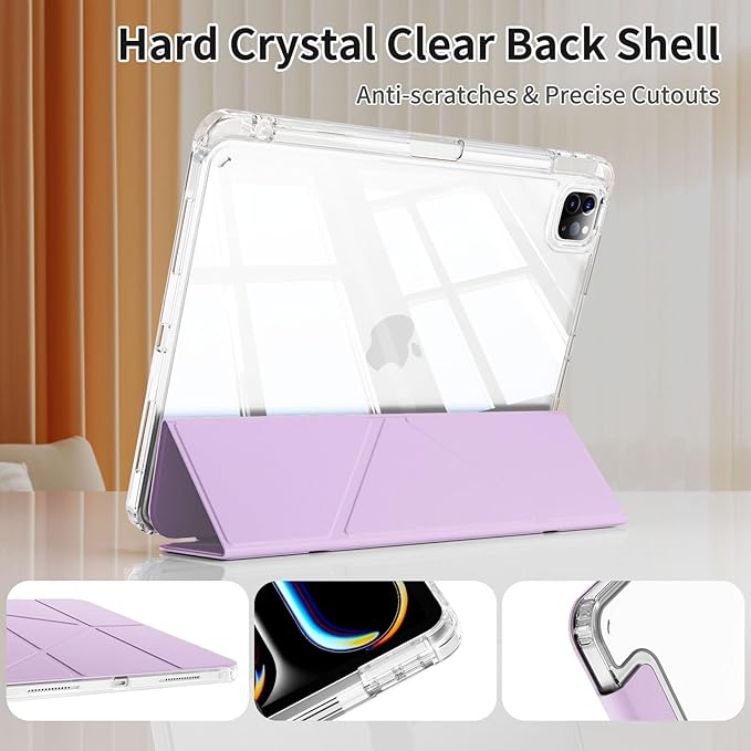 kenke Case for iPad Air 13 Inch (M3 2025/M2 2024) iPad Pro 12.9 Inch 6th/5th Generation (2022/2021) with Pencil Holder Y Folding Stand Cover with Hard Clear PC Back Support Touch ID Light Purple