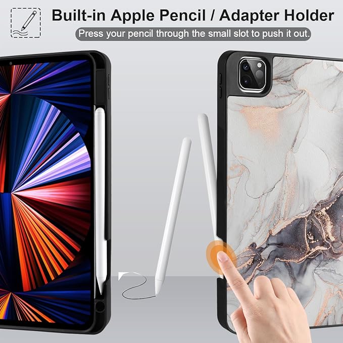 DONGKE Case for iPad Pro 12.9 inch 6th Generation 2022 Built-in Pencil Holder + Trifold Stand + Auto Wake/Sleep + Protective Cover for iPad Pro 12.9 5th/4th/3rd Gen - Grey Marble