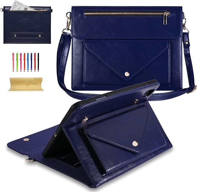 Dteck Business Flip Stand Cover for iPad Pro 11 Inch 4th/3rd Gen iPad Air 4th Gen PU Leather Pencil Holder Zipper Pocket Strap Protective Wallet Case Blue