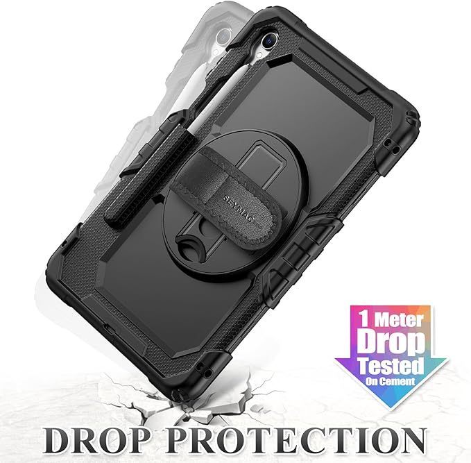 SEYMAC stock Case for Samsung Galaxy Tab S11 Tablet Case 11'' Protective with Screen Protector Pencil Holder 360 Degree Rotate Kickstand Hand Strap Shoulder Strap Black