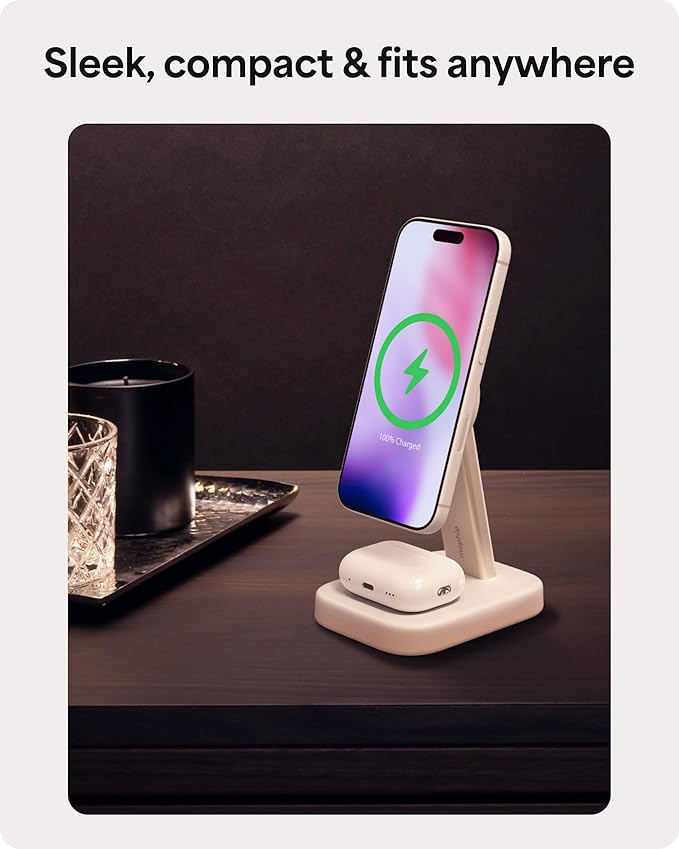 Mophie 2-in-1 Wireless Charging Stand - Qi2-Certified MagSafe Charger for iPhone &amp AirPods – Fast Charging Station with Adjustable Phone Stand &amp Cable Management – Up to 15W Power