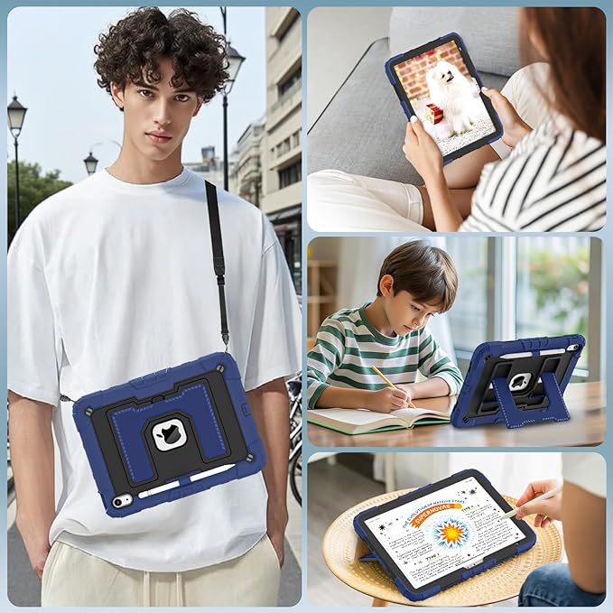 WESOROL Case for iPad A16 11th/10th Generation 2025/2022 with Pencil Holder Shoulder Strap iPad Case 10th Generation Shockproof Cover for iPad 11th/10th Gen CasesNavy Black