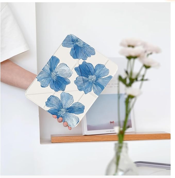Cute Blue Flower for iPad (A16) 11th/10th Generation Case 11 Inch/10.9 Inch 2025/2022 with Pencil Holder Auto Sleep/Wake White Leather Acrylic Back Detachable Cover