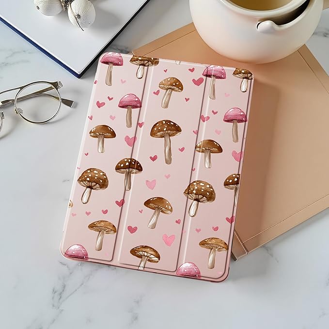 Idocolors Case for iPad 11 inch (A16 Chip) 2025 Generation 11th / iPad 10.9 inch 2022 10th Gen Built-in Pencil Holder with Soft TPU Shockproof Back Shell Auto Wake/Sleep Mushroom-Pink