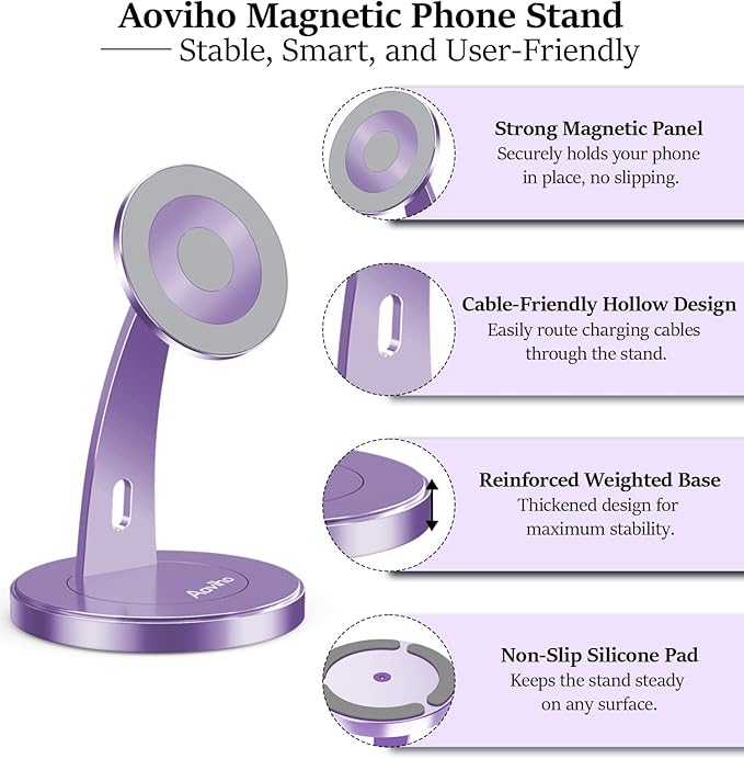 Magnetic Phone Stand for Desk – 360° Rotating Aluminum Phone Holder Stable Desk Stand for Office Home &amp Kitchen Compatible with iPhone 17 Pro Max 16–12 Series and MagSafe Cases Purple