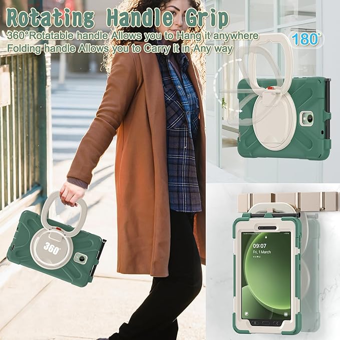 Rugged Case for Samsung Galaxy Tab Active5 5G (SM-X306B/X300) w/ 360° Rotating Hanging Ring Handle Grip Kickstand Heavy Duty Shock-Proof Armor Cover w/Shoulder Strap Stylus Holder (Green)
