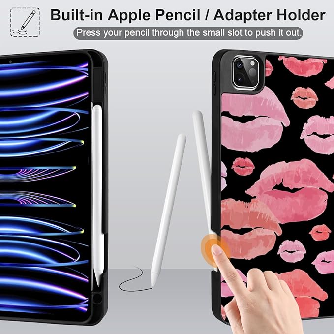 MEEgoodo for iPad Pro 12.9 Case M2 6th/5th/4th/3rd Generation 2022 2021 2020 2018 with Pencil Holder Tablet Cover with Soft TPU Back Shell Red &amp Pink Lips