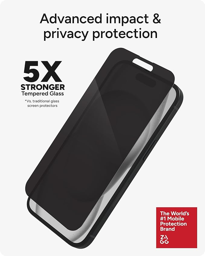 ZAGG Glass Elite Privacy iPhone 15 Screen Protector - 5X Stronger with Reinforced Edges 2-Way Privacy Filter Scratch &amp Smudge-Resistant Surface InvisibleShield Easy to Install