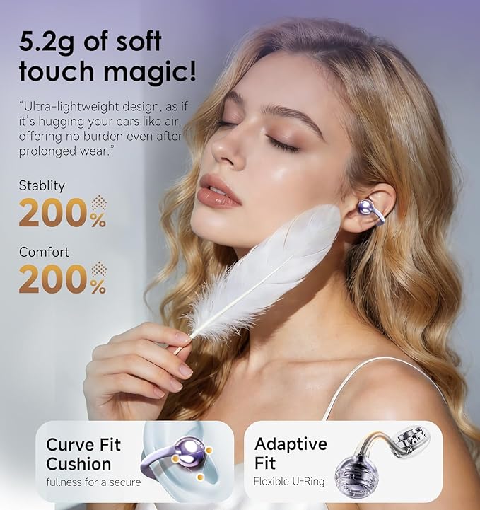 King Lucky Clip-On Earbuds Gen 3 Open-Ear Wireless Bluetooth 6.0 Headphones with Mic Secure Fit for Small Ears &amp Glasses Wearers 50H Playtime ENC IPX5 Waterproof Sport Ear Buds (Purple)