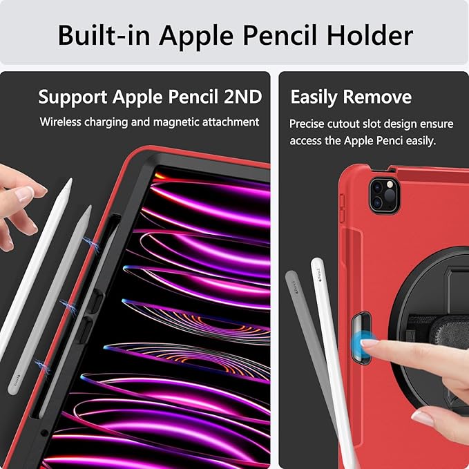 Miesherk Case for iPad Pro 12.9 Inch 6th/5th/4th Generation Military Grade Heavy Duty Shockproof iPad Pro 12.9 Case - Rotating Stand Pencil Holder Hand/Shoulder Strap Red
