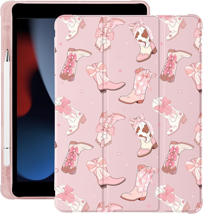 Cute Cowgirl Boots Ribbon Bow for iPad Pro 11 Inch Case (M5/M4) 2025/2024 with Pencil Holder Auto Sleep/Wake Pink Leather Soft TPU Back Cover