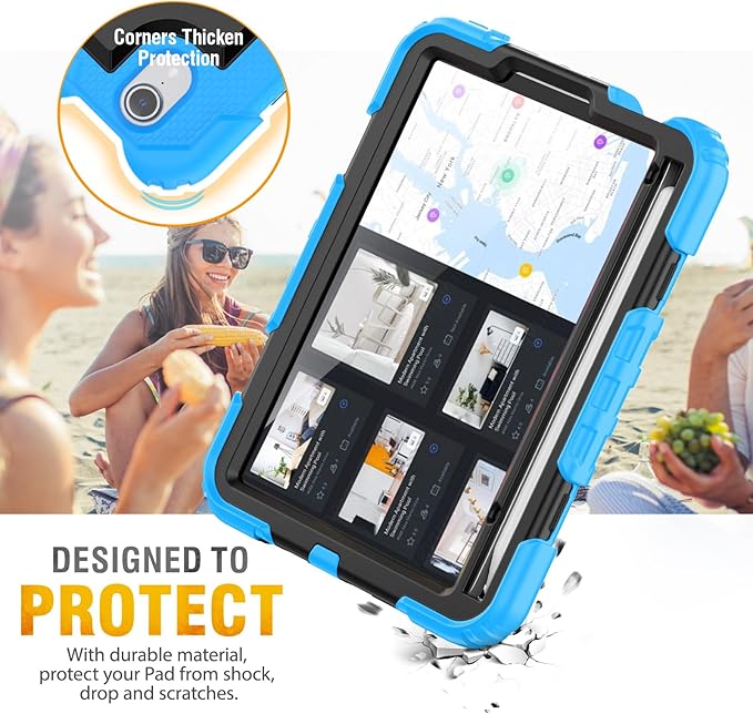 HXCASEAC Case for iPad mini 7 (A17 Pro) / iPad mini 6 Case 8.3 inch Full Body Protective with Pencil Holder Carrying Strap Hand Strap Protector Rotating Stand A2995 A2993 A2567 A2568 Light Blue