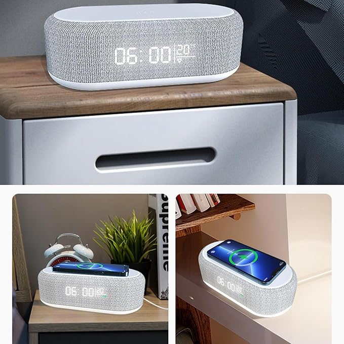 Wireless Charging Station 4 in 1 Wireless Charger with Digital Alarm Clock15W Power Multi Functional Fast Wireless Charging StationTemperature Display Night Light (White)