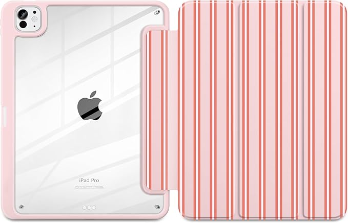 Case for iPad Pro 11 Inch (M5 2025 M4 2024) – [Built-in Pencil Holder] Shockproof &amp Stylish Clear Hard Back + Soft TPU Edge Magnetic Trifold Stand Auto Wake/Sleep Pink Stripes
