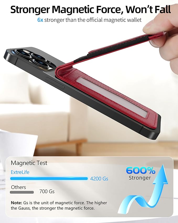 For Magsafe Wallet Stand Strongest Magnetic Wallet for iPhone 17/16/15/14/13/12 Series Magnetic Card Holder with Adjustable Stand ID Window 10 Cards Holder Vegan Leather RFID Blocking Red