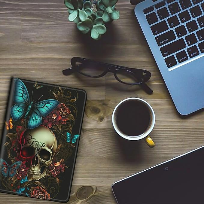 Case for Kindle Paperwhite 12th Generation &amp Kindle Colorsoft Signature Edition 2024 7 inch Lightweight Smart Case Adjustable Stand Protective Cover with Auto Wake/Sleep - Blue Butterfly Skull