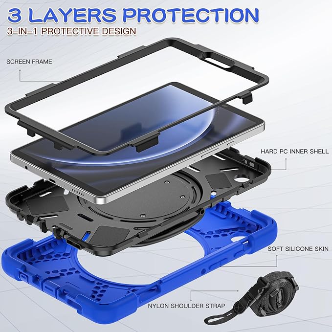 Case for Galaxy Tab A9 8.7 2023 (SM-X110/ X115) Heavy Duty Protective Case with 360 Degree Swivel Stand&ampHand Strap&ampShoulder Strap (Blue)