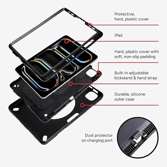ZAGG Rugged Tablet Case for iPad Pro 13-inch (M5)/ Pro 13-inch (M4) - Protective 360° Rotating Hand Strap Integrated Kickstand Drop-Proof Ideal for Business Warehouse and Field Use Black