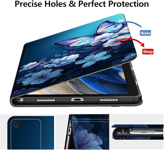 DIGTIALLL Case for Amazon Kindle Fire 7 Tablet Case (12th Gen 2022 Release) PU Leather Smart Protective Cover with Auto Sleep/WakeBlue Butterfly Flowers
