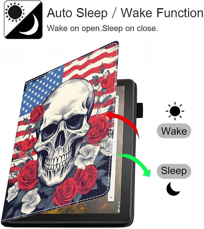 Case for Amazon Kindle Fire HD 10 Tablet 10.1 (9th/7th Generation 2019/2017 Release) Slim PU Leather Stand Cover with Card Slot &amp Auto Wake/Sleep American Flag Skull Roses