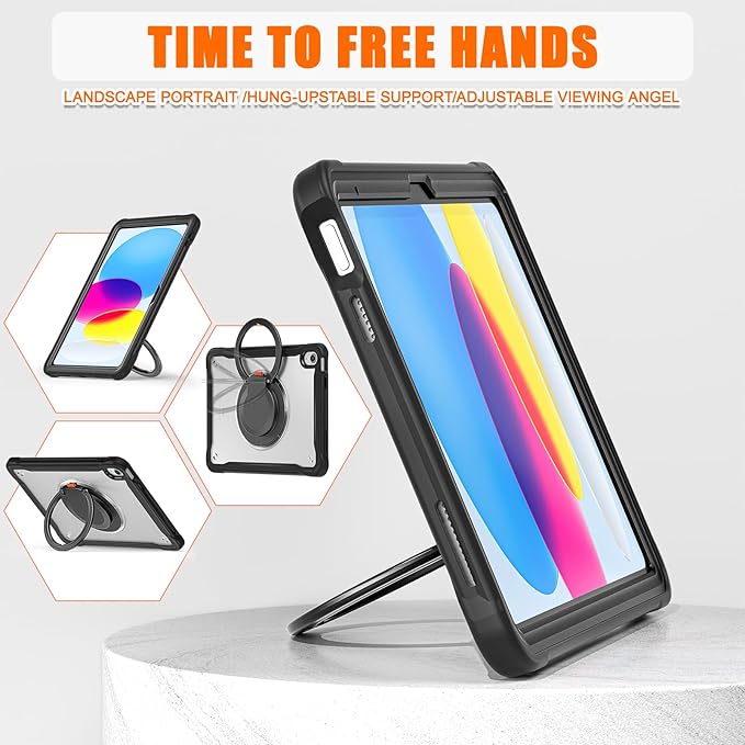 Batianda Ultimate Protective Case for New iPad 11th Generation 11 inch 2025 A16 Chip Sturdy Rugged Shockproof Silicone Tablet Cover with 360° Rotatable Ring Kickstand &amp Pencil Holder Black