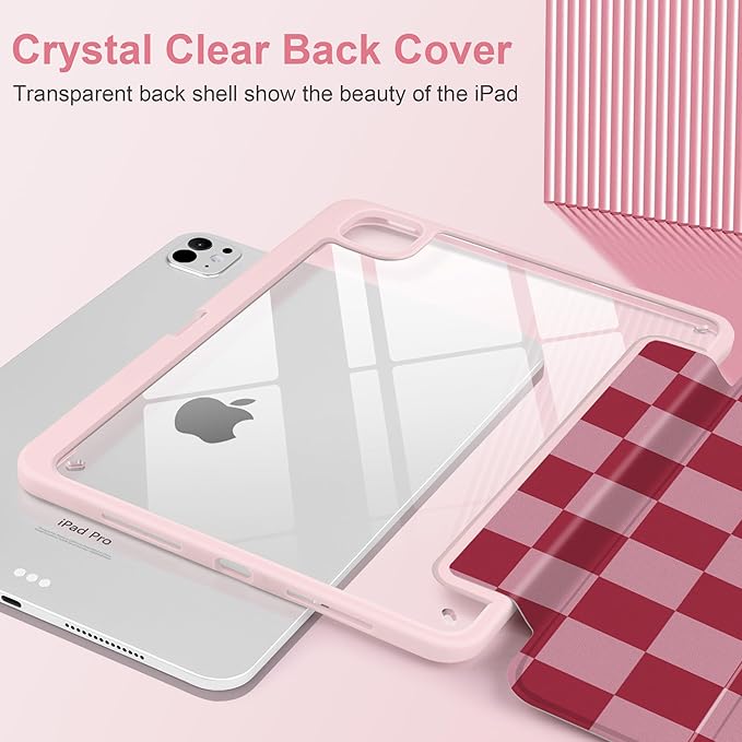 TWOLSKOO Case for iPad Pro 11-inch (M5 2025 / M4 2024) Clear Acrylic Back with TPU Bumper Pencil Holder Trifold Stand Auto Sleep/Wake Pink Checkerboard