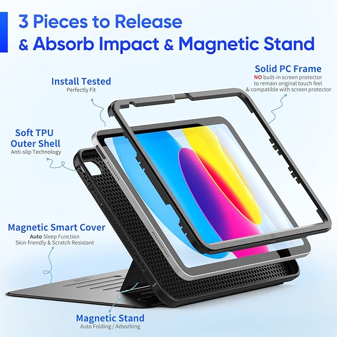 SEYMAC stock Case for iPad (A16) 11th/10th Generation 11''/10.9'' Strong Magnetic Auto Sleep Shockproof Case with Absorbing Multi-Angles Stand Pen Holder Card Slot (Black)