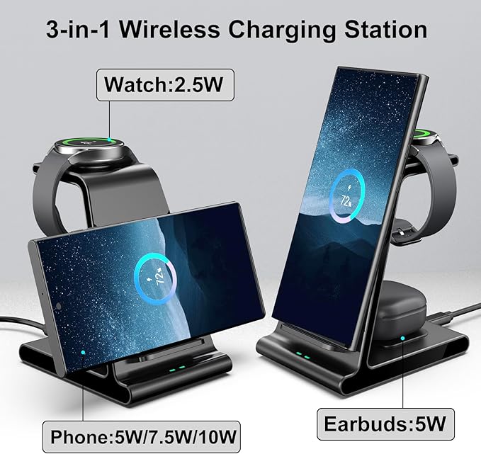 Wireless Charger for Samsung S25 Ultra Charging Station for Galaxy S25/S25 Edge/S24 Ultra/S24+/S24/S23/Note 20/Z Flip 7/Fold 7 for Galaxy Watch 8/8 Classic/Ultra/7/6 Galaxy Buds 2 Pro (No Adapter)