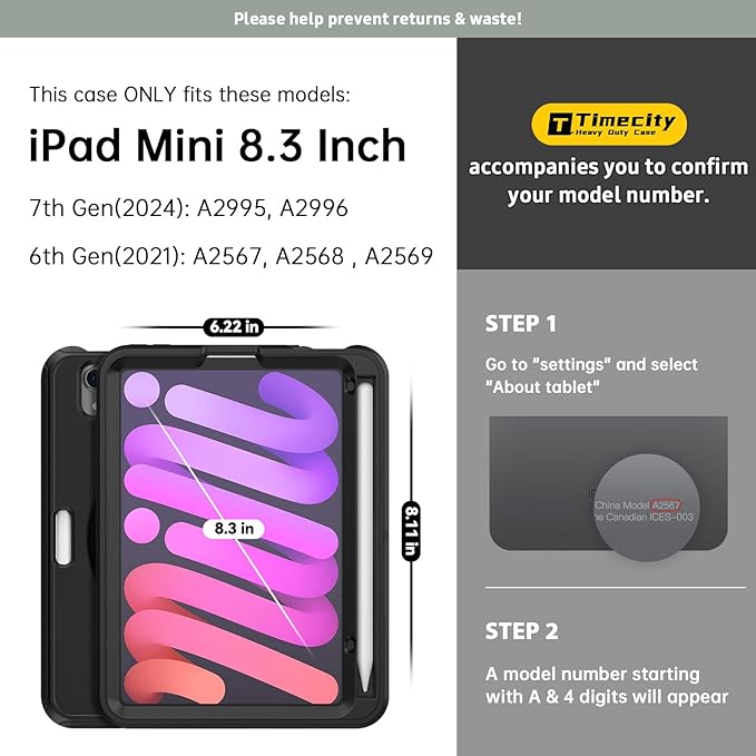 Timecity Case for iPad mini 7 (A17 Pro) 2024/ Mini 6 8.3'' - Heavy Duty Protective Cover with Screen Protector Rotating Stand Shoulder Strap &amp Pencil Holder Case for iPad mini 7th/6th Gen Black