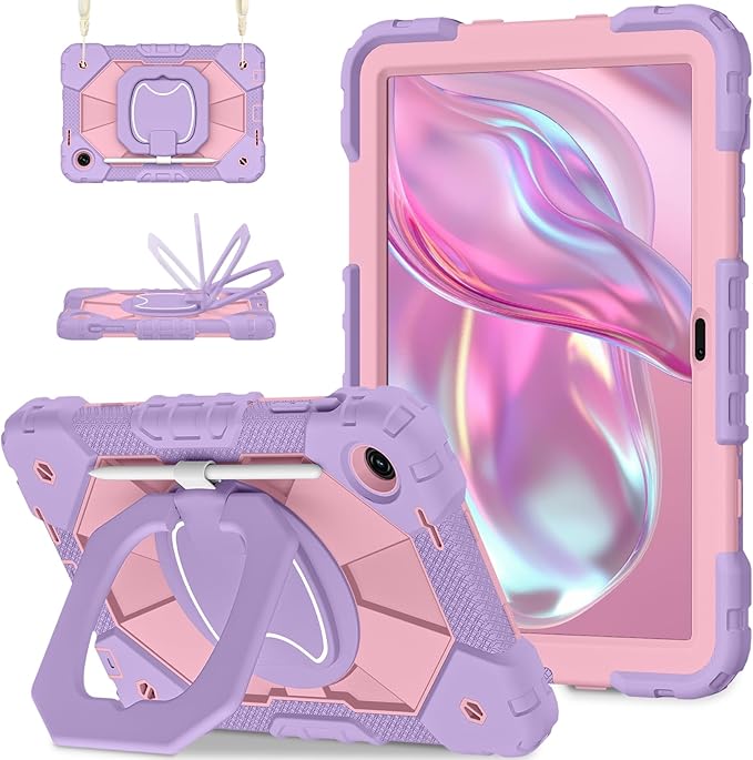 for T-Mobile Revvl Tab 2 Case 10.1 Inch 2025 Shockproof Cover for Revvl Tab 2 5G Tablet Case Kids with 360° Rotating Handle Stand Pen Holder Shoulder Strap Purple Rose