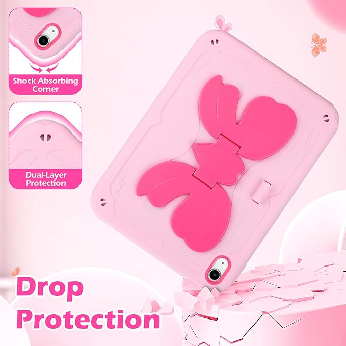 VOFUOE for iPad A16 Case 11th Generation 2025 11 Inch for iPad 10th Generation Case 2022 10.9 Inch for Kids Girls with Sweet Bow Stand Shoulder Strap Pencil Holder Hard Cover-Pink &ampHot Pink Bow