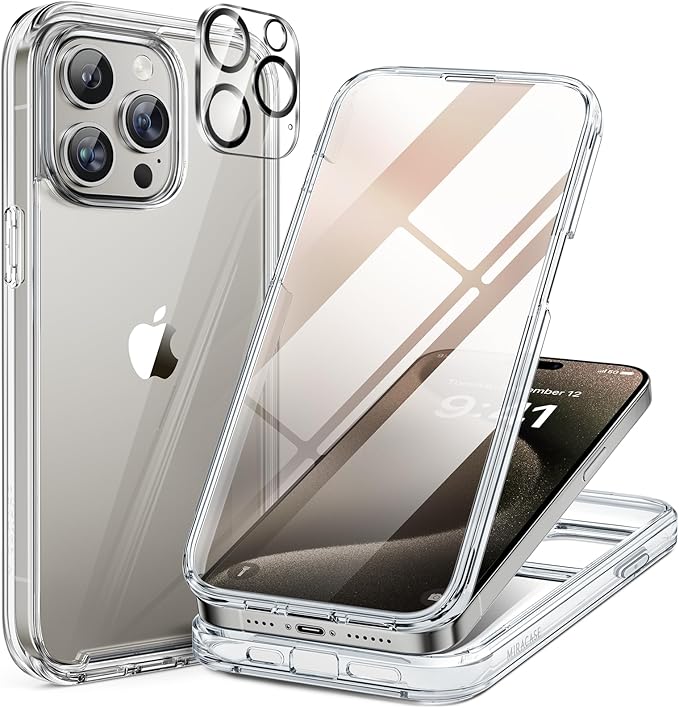 Miracase for iPhone 15 Pro Case Full-Body Clear Bumper Phone case with Built-in Glass Screen Protector&amp Camera Protector Military Drop Proof 15 Pro Case Cover 6.1 inchClear
