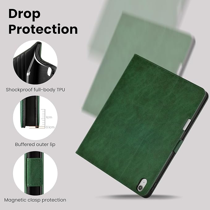 Handmade Case for iPad Air 13 Inch M4/M3/M2 (2026/2025/2024) with Pencil Holder PocketMagnetic ClosureMulti Angles StandTyping AngleFolio Protective CoverAuto Sleep/WakeGreen
