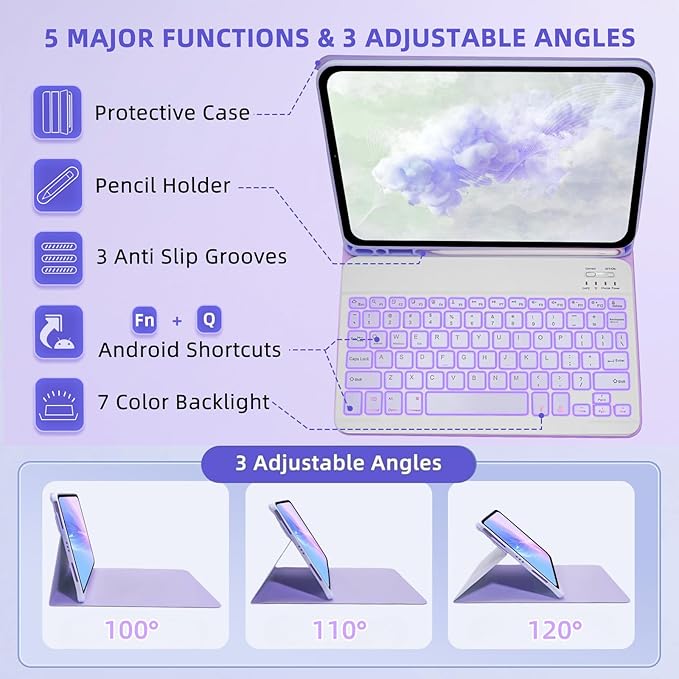 Keyboard Case for Amzaon Fire HD 10/10+ Plus (11/13th Generation) Case with Keyboard - 7 Colors Backlit Keyboard Protective Case and Mouse (Light Purple)